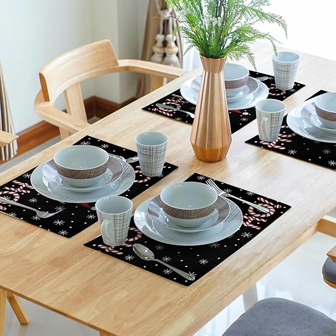 Giwawa Christmas Placemats Set of 4, Santa Claus Laugh Winter Snowflake Black Table Mat 12x18 Inch, Xmas Sweet Candy Cane Stick Heat Resistant Washable Place Mats for Dining Kitchen Holiday Decor