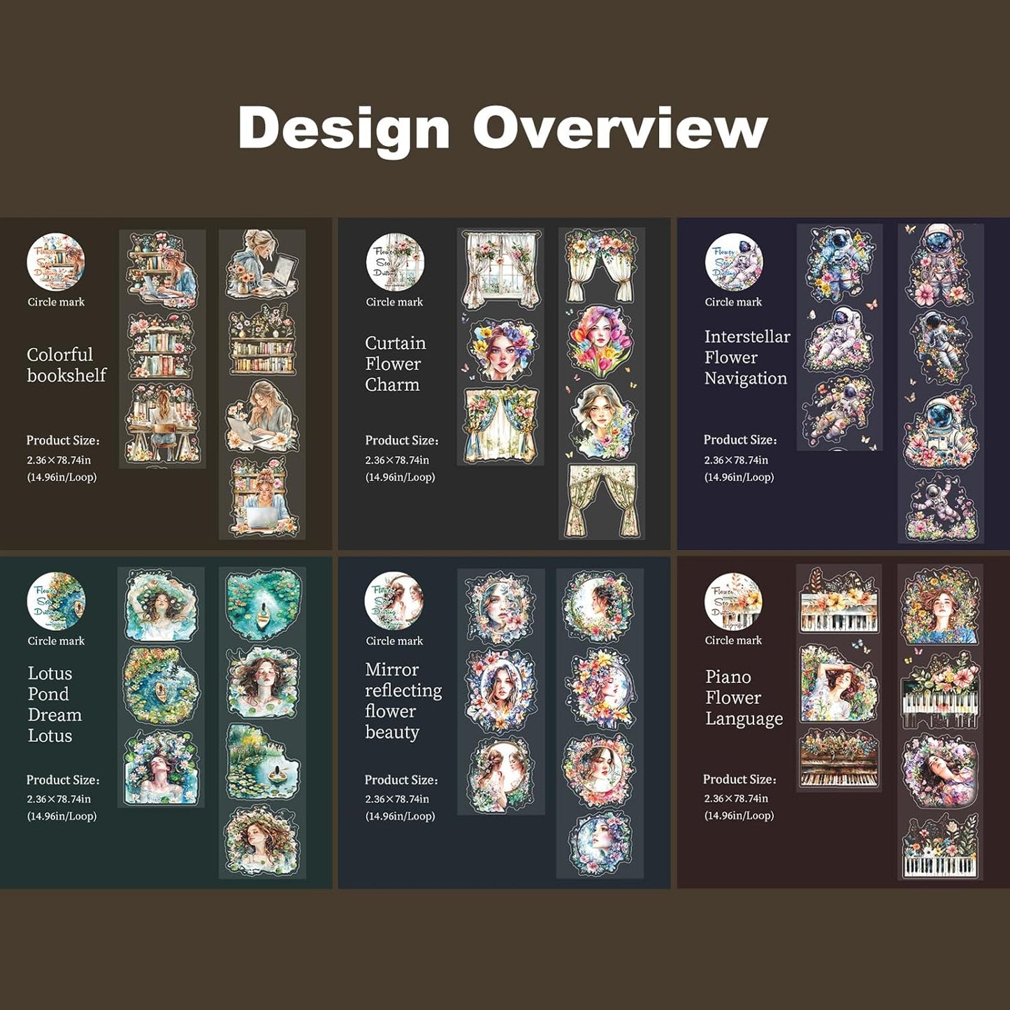 Dreamy Floral PET Tape Set with Clip, 6 Rolls Pre-Cut Vintage Tape for Journaling, Scrapbooking, DIY Crafts, and Planners