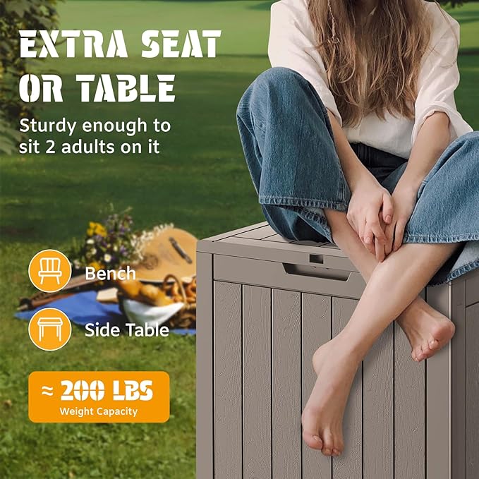 NUNU LAB 31 Gallon Outdoor Storage Box Waterproof, Outside Package Delivery Deck Boxes with Lockable Lid, Backyard Storage Bin For Garden Tools, Patio Cushions Accessories, Gray