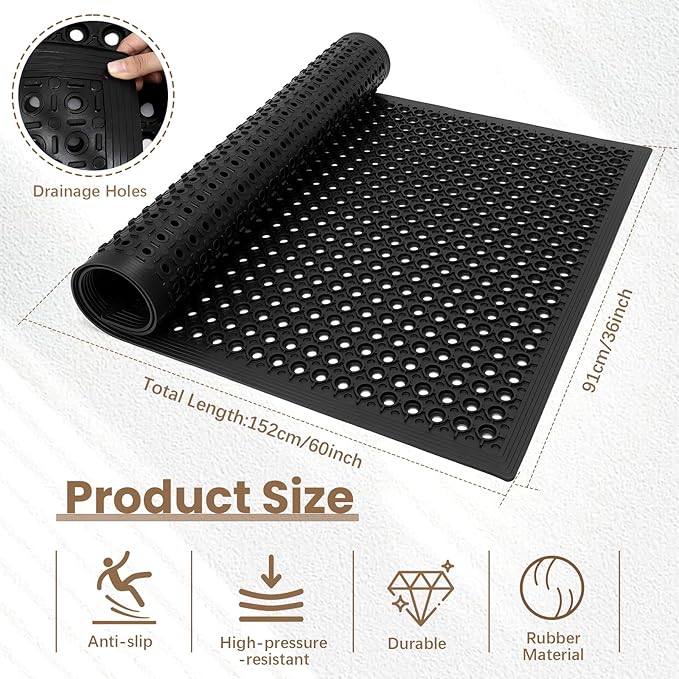 Restaurant Anti Fatigue Mat, Outdoor Rubber Floor Bar Mat, 36"X60" Non-Slip Kitchen Commercial Mat with Drainage for Garage, Entryway, Kitchen, Bar, Black