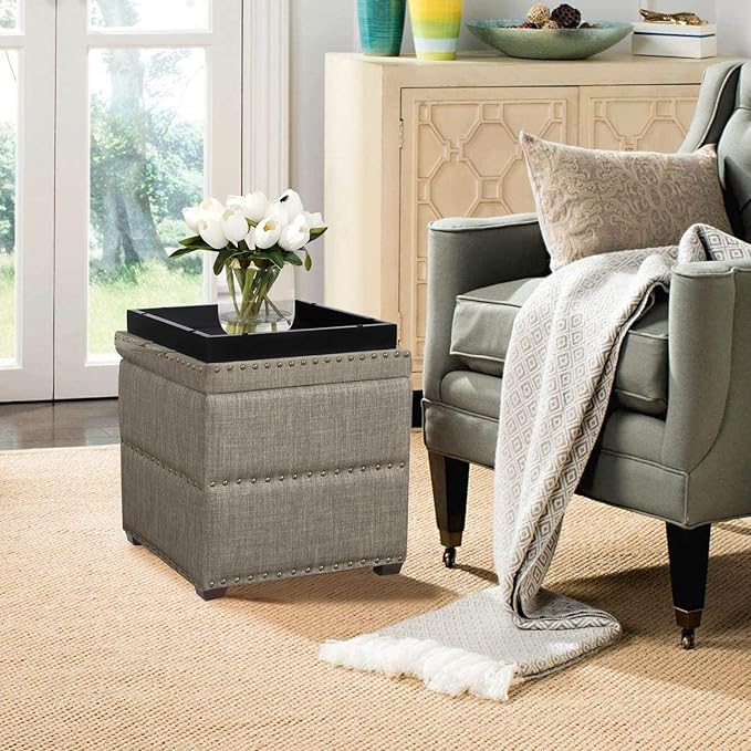 Adeco 18 Inch High Cube Ottoman Storage, Linen Grey Chair Foot Stools with Tray, Upholstered Vanity Stool