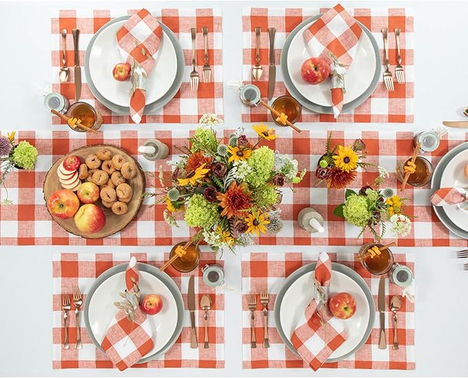 Solino Home Linen Checkered Table Runner 120 Inches Long - 100% Pure Linen Cinnamon and White Buffalo Check Table Runner 14 x 120 Inch Ideal for Dining