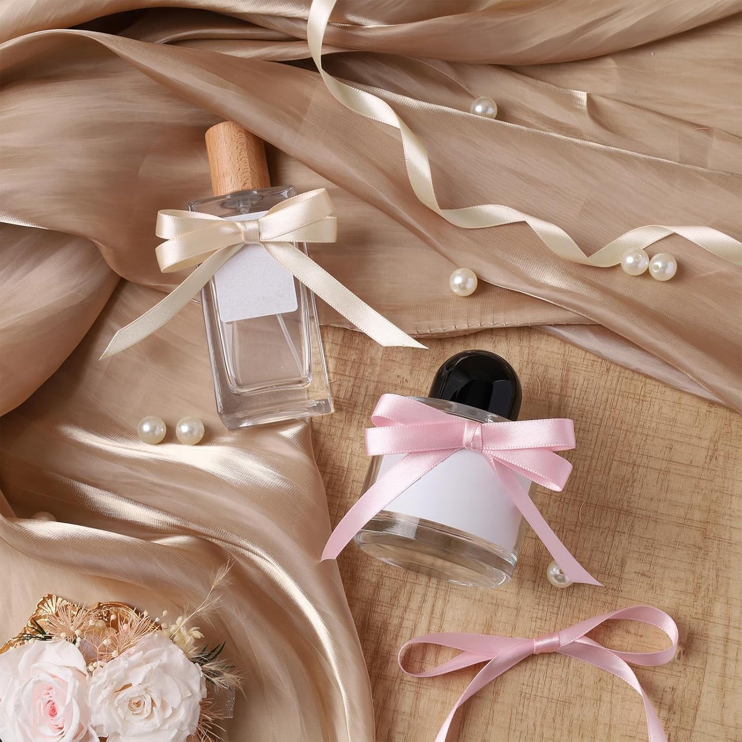 LaRibbons Nude Satin Ribbon 3/8 Inch 50 Yards Thin Luxury Double Faced Ivory Silk Ribbon for Flower Bouquet Crafts Gift Wrapping Wedding Bow Christmas Decoration