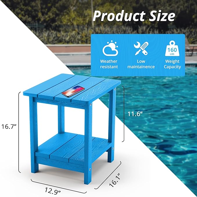 LUE BONA Adirondack Outdoor Side Table, 2-Tier Blue HDPS Patio End Table Weather Resistant, Morden Side Table for Patio, Pool, Porch