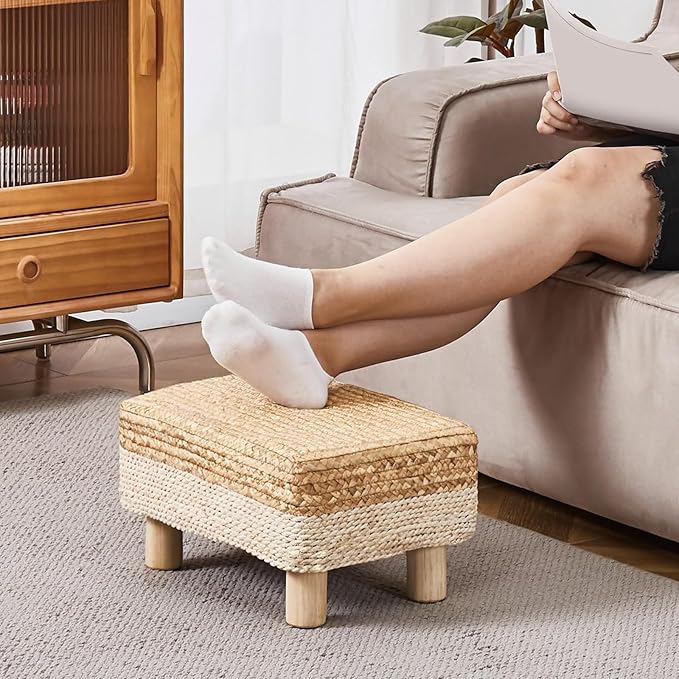 Wimarsbon Natural Seagrass Footstool Ottoman Rectangular Footrest Pouf Ottomans with Wooden Legs Hand Weave Step Stool for Living Room Bedroom Entryway White