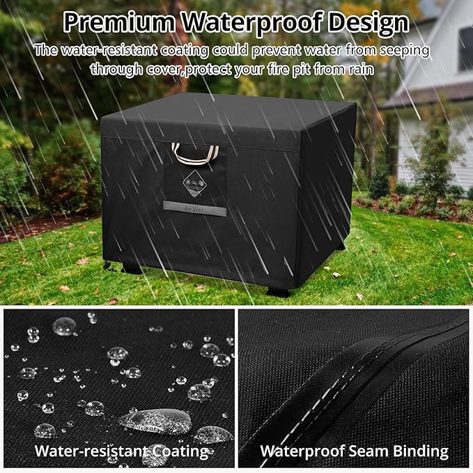 QH.HOME Fire Pit Cover Square Super Waterproof, 44" L x 44" W x 24" H Outdoor Firepit Table Cover 600D Strong Tear Resistant, UPF 50+ Fire Pit Cover Fading Resistant for Square Fire Pit - Black