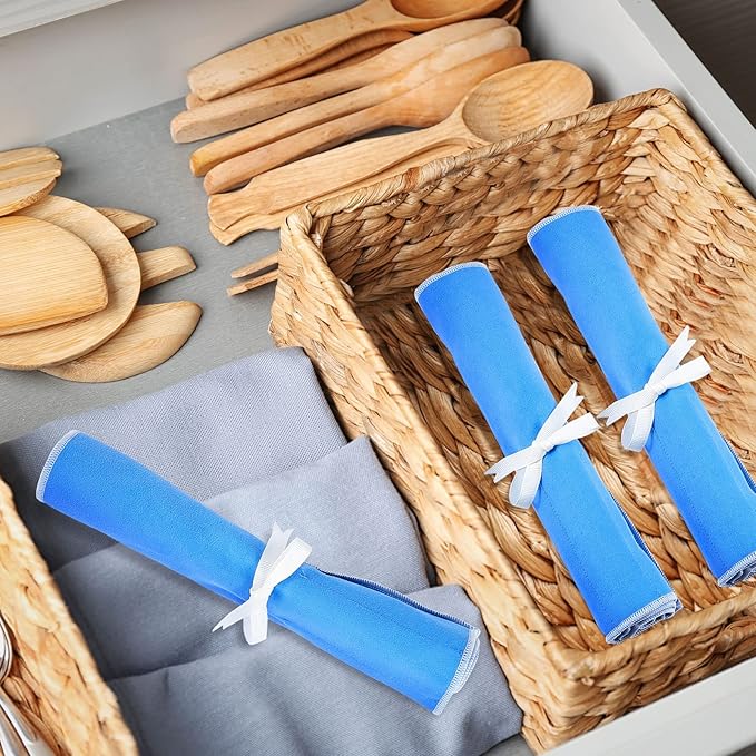 4 Pieces Anti Tarnish Silver Storage Bags silverware Blue Holder for Flatware Storage Organizer Place Setting Roll with White Ribbon for Kitchen Utensils