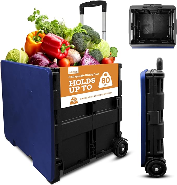 Inspired Living Collapsible Ultra-Slim Pack-N-Roll,2 Wheel Utility Cart w/Lid Used as Seat up to 250 Lbs, Telescopic Handle - Super Strong, for Home, Garden, Shopping, Office, School use, Large, Blue