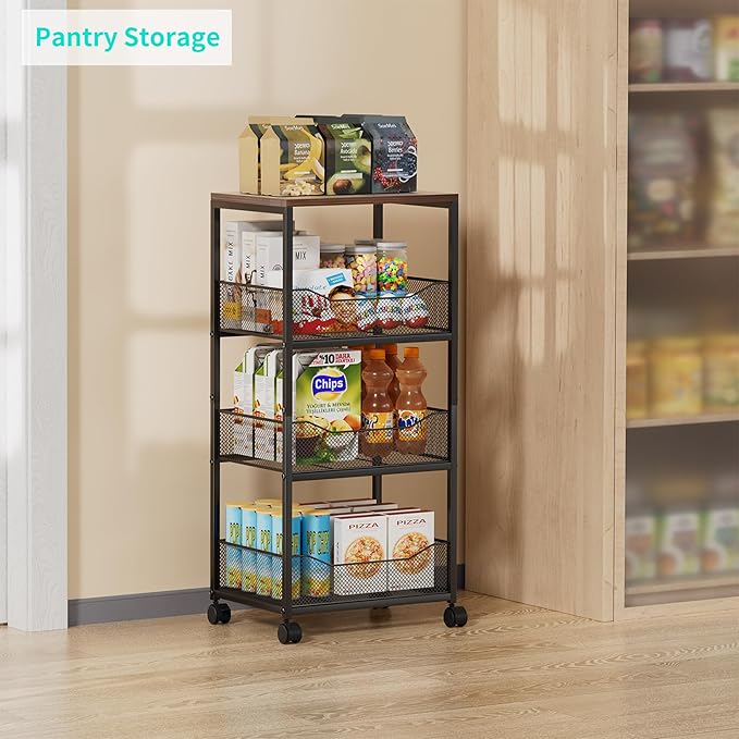 HapiRm Fruit Basket Kitchen Cart - 4-Tier Rolling Storage Cart with Wheels, Fruit Vegetable Basket with Wood Top, Pantry Utility Kitchen Organizer for Fruit Potato Onion Vegetable Bread Snack