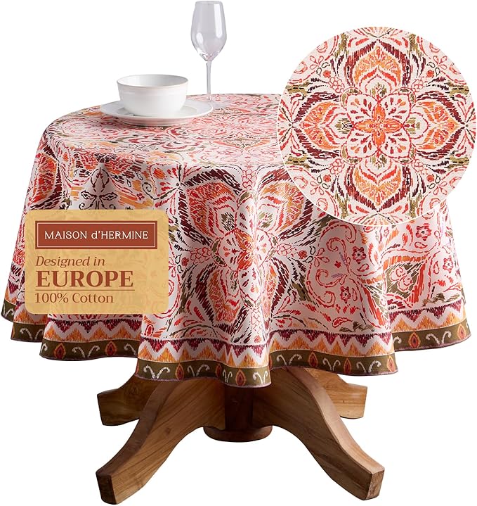 Maison d' Hermine Table Cloth Round Table 100% Cotton 69 Inches Fall Tablecloth Reusable Everyday Use for Thanksgiving Christmas Decorations Dining Farmhouse Party (Damask)