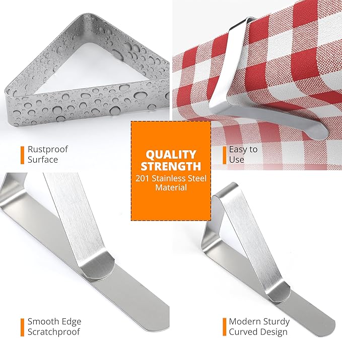 12 Pack Tablecloth Clips with 3 Tablecloths - Stainless Steel, Heavy Duty Table Clips for Home, Restaurants, Picnic, Party, Dining Tables - Fits Up to 1.8 Inch Thick Tables