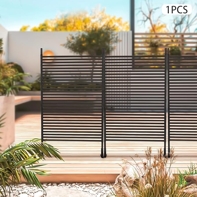 Outdoor Privacy Screens Freestanding, 43" W x 71" H Metal Slatted Decorative Screen and Panels with Stand, Brown Backyard Privacy Panels for Garden Patio