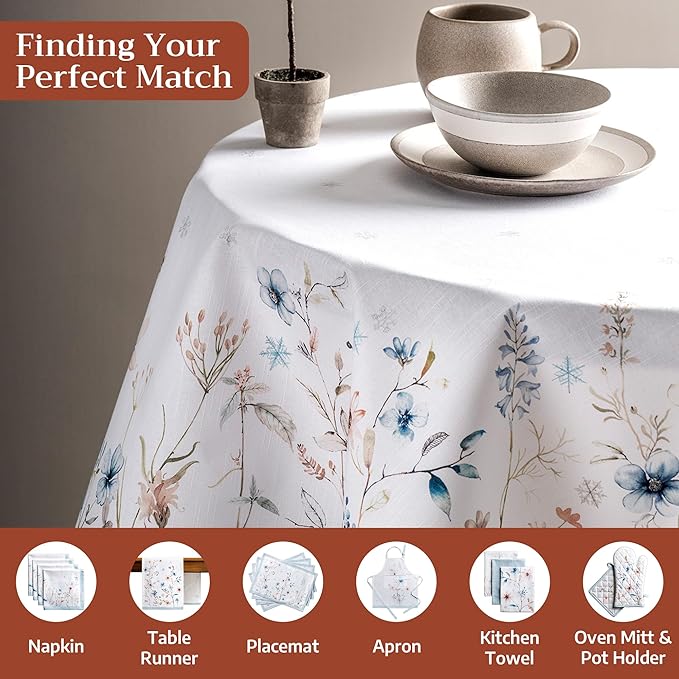 Maison d' Hermine Table Cloth Round Table 100% Cotton 69 Inches Fall Tablecloth Reusable Everyday Use for Thanksgiving Christmas Decorations Dining Farmhouse Party (Ice Florals)