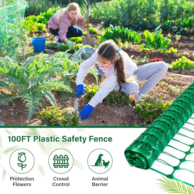 Plastic Fencing Temporary Fence,Snow Fence 4x100 with Stakes,Garden Fencings Plastic with Poles,Reusable Safety Fence,Construction Fence,Garden Fencing Roll for Pool,Lawn,Deer