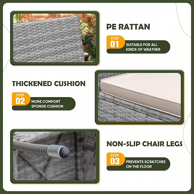 Devoko Dining 7 PCS Furniture, Patio Conversation Set with Acacia Wood Table Top, Outdoor, Beige Cushion and Grey Rattan