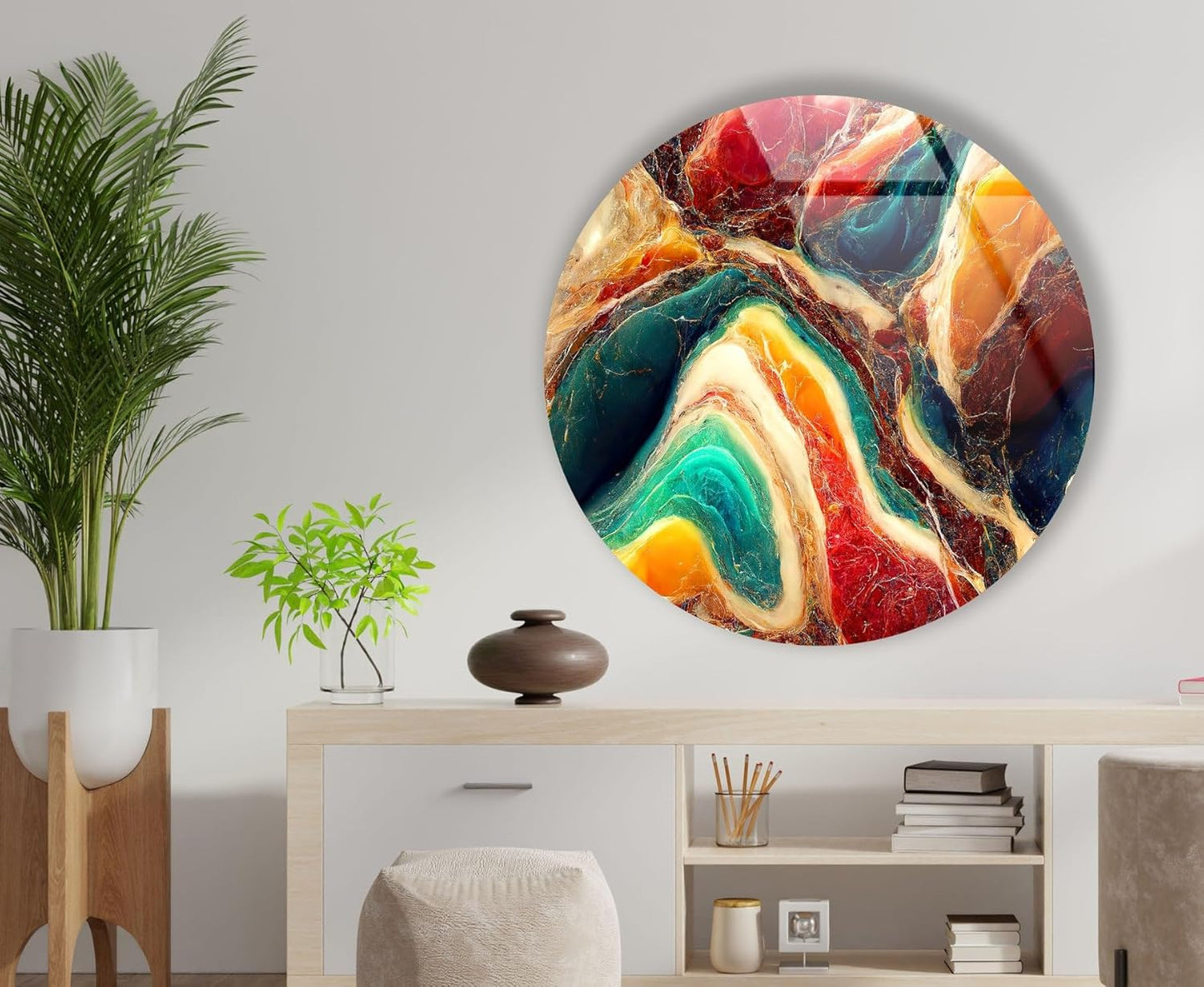 My Photostation.com 24''(60cm) Diameter Colorful Marble Swirl Round Wall Art Abstract Glass Decor with Earthy Tones & Gemstone Texture