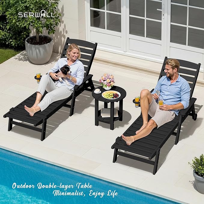 SERWALL Round Outdoor Side Table Set of 2, HDPE Small Adirondack Double End Table, Black
