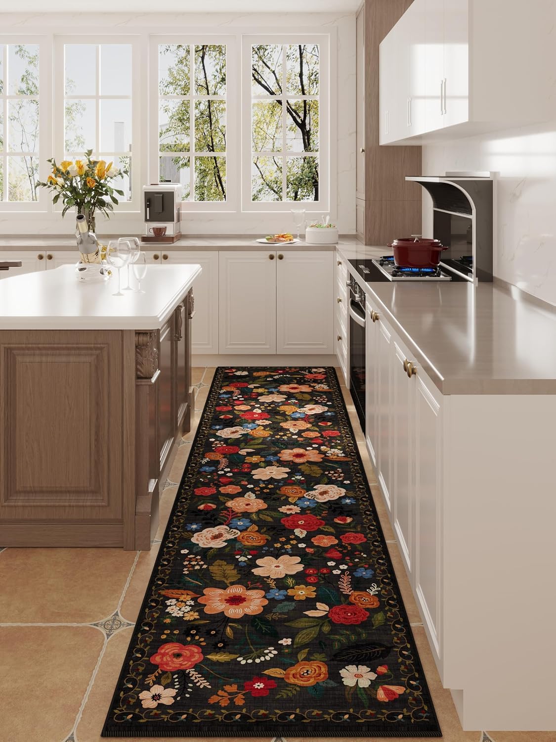 Rugcomf Runners for Hallways Kitchen Rug Non Slip 2'x 10' Long Washable Runner Rugs with Rubber Backing Soft Floral Carpet Runner for Hallways, Kitchen, Laundry, Bedroom, Bathroom(Black)