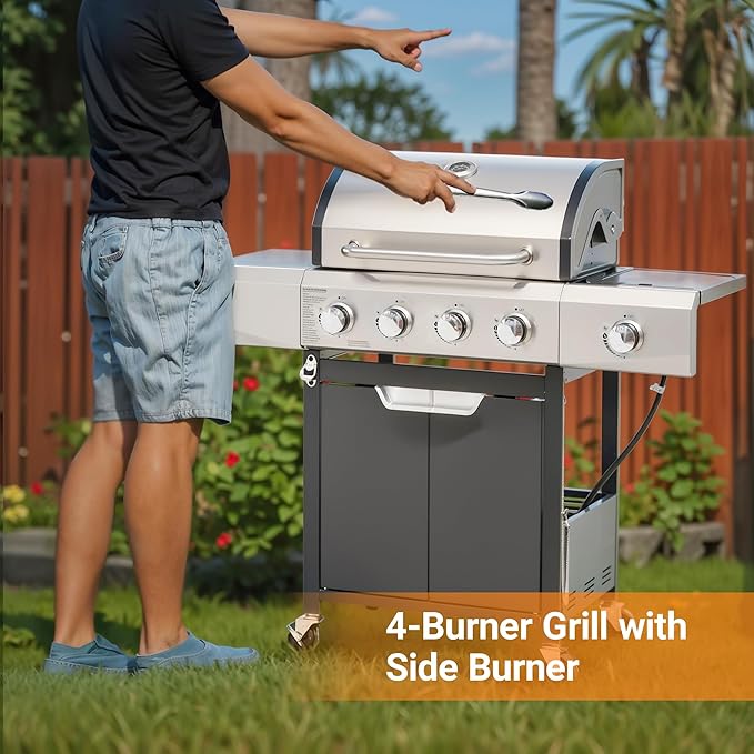 Zateety 4 Burner Propane Grill - 42,000 BTU Gas Grill with Side Burner, Stainless Steel with Iron Cast Grates for Outdoor Cooking, Patio, Camping BBQ, Garden Barbecue Grill, Black and Silver