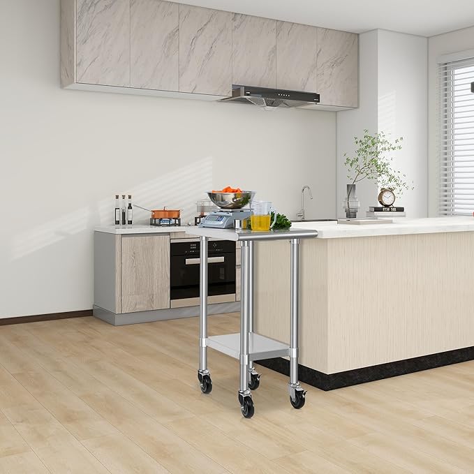 HARDURA Stainless Steel Commercial Table Prep & Work Table with Casters Heavy Duty Metal Table with Wheels NSF 430 24×18 Inches