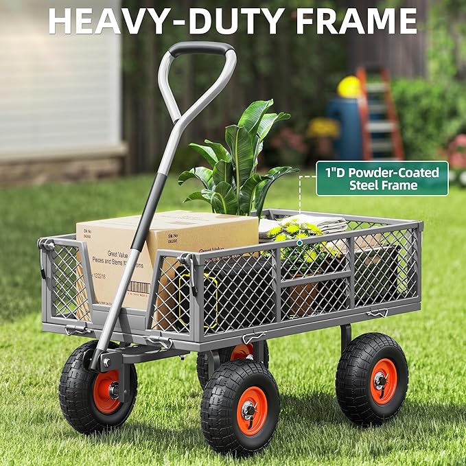 Heavy Duty 900 lbs Capacity Mesh Steel Garden Cart - 10" Pneumatic Tires, 180° Rotating Handle, Removable Sides, 4 CU'FT Utility Wagon for Yard & Garden Christmas Hauling