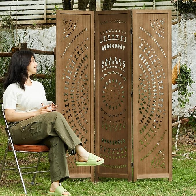 Room Divider Wood Carved Wall Divider Indoor Folding Bohemian Style Portable Partition Screen for Home Office Garden Terrace - 3 Panels (Brown)