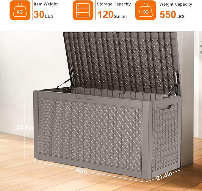 120 Gallon Waterproof Outdoor Storage Box,Resin Deck Box,Lockable Outside Storage Box Container for Patio Furniure,Garden,Pool Tools (120 Gallon,Grey)