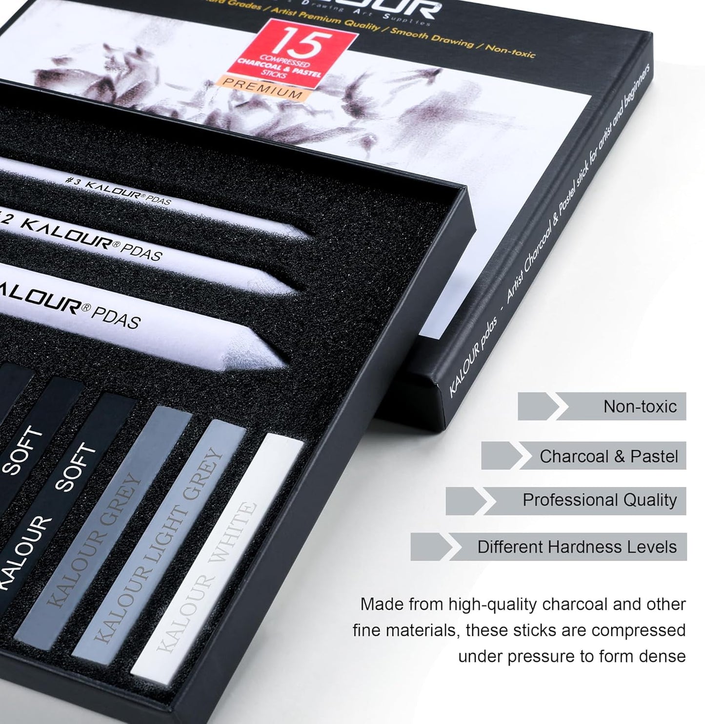 KALOUR 15 Pro Compressed Charcoal Drawing Set with Blending Stumps- Soft,Medium,Hard and White Charcoal - Charcoal Sticks for Drawing Sketching Shading - Art Supplies for Artists Beginners Adults