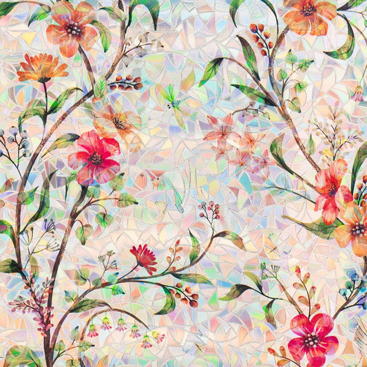 Stained Glass Window Film Static Cling Door Privacy Film Decorative Flowers Green Leaves Window Decals Stickers Heat Control Anti UV for Home and Office,23.6 inches by 78.7 inches