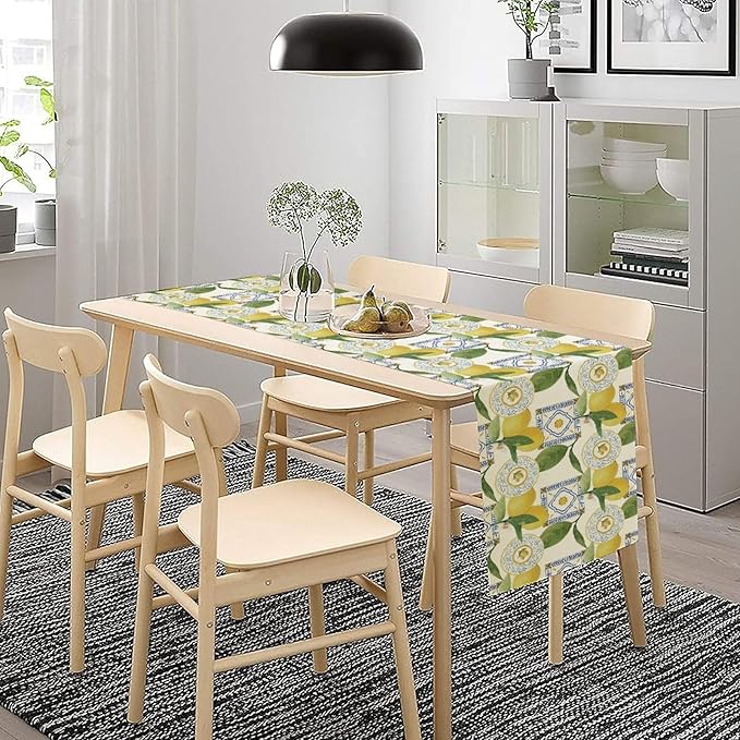 Tiles Lemon Table Runner, Watercolor Italian Tile Floral Plant Print Table Runner for Farmhouse Coffee Home Kitchen Dining Outdoor Party 13x108in