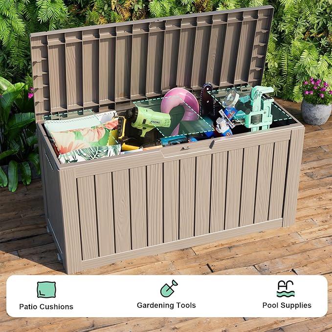 180Gallon Waterproof Outdoor Storage Box, UV Resistant Resin Deck Box with Hydraulic Rod for Reinforced Stability, Perfect for Patio, Garden, and Pool, Striped Beige