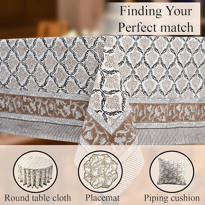 CPC Sandstone Regal Tablecloth 100% Cotton 70x108 Inch Indian Block Print Rectangle Table Cover, Table Cloth for Gifting in Weddings, Halloween, Fall, Christmas, Thanksgiving