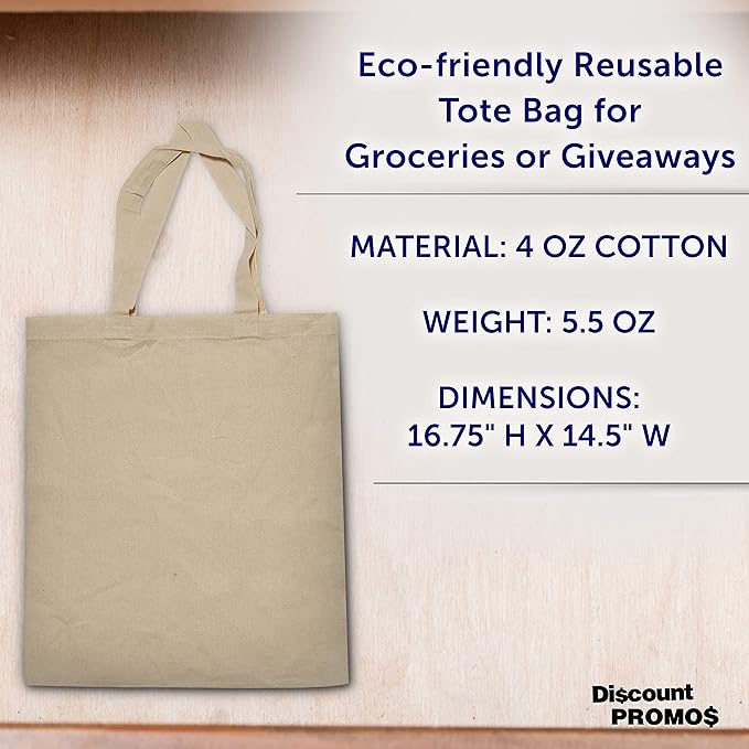 DISCOUNT PROMOS Cotton Canvas Tote Bags Set of 10, Bulk Pack - Reusable, Great for Shopping, Grocery, Beach, Picnic, Wedding Favors - Natural