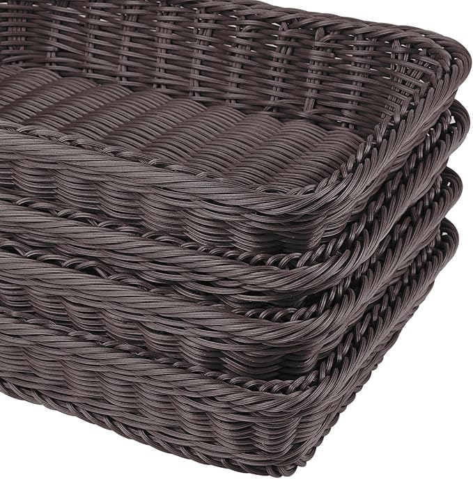 6 Pack 12 Inch Wicker Bread Basket, Handmade Woven Poly Wicker Bread Baskets, Rectangular Food Serving Basket for Dining Table, Candies, Crackers, Fruit, Vegetables