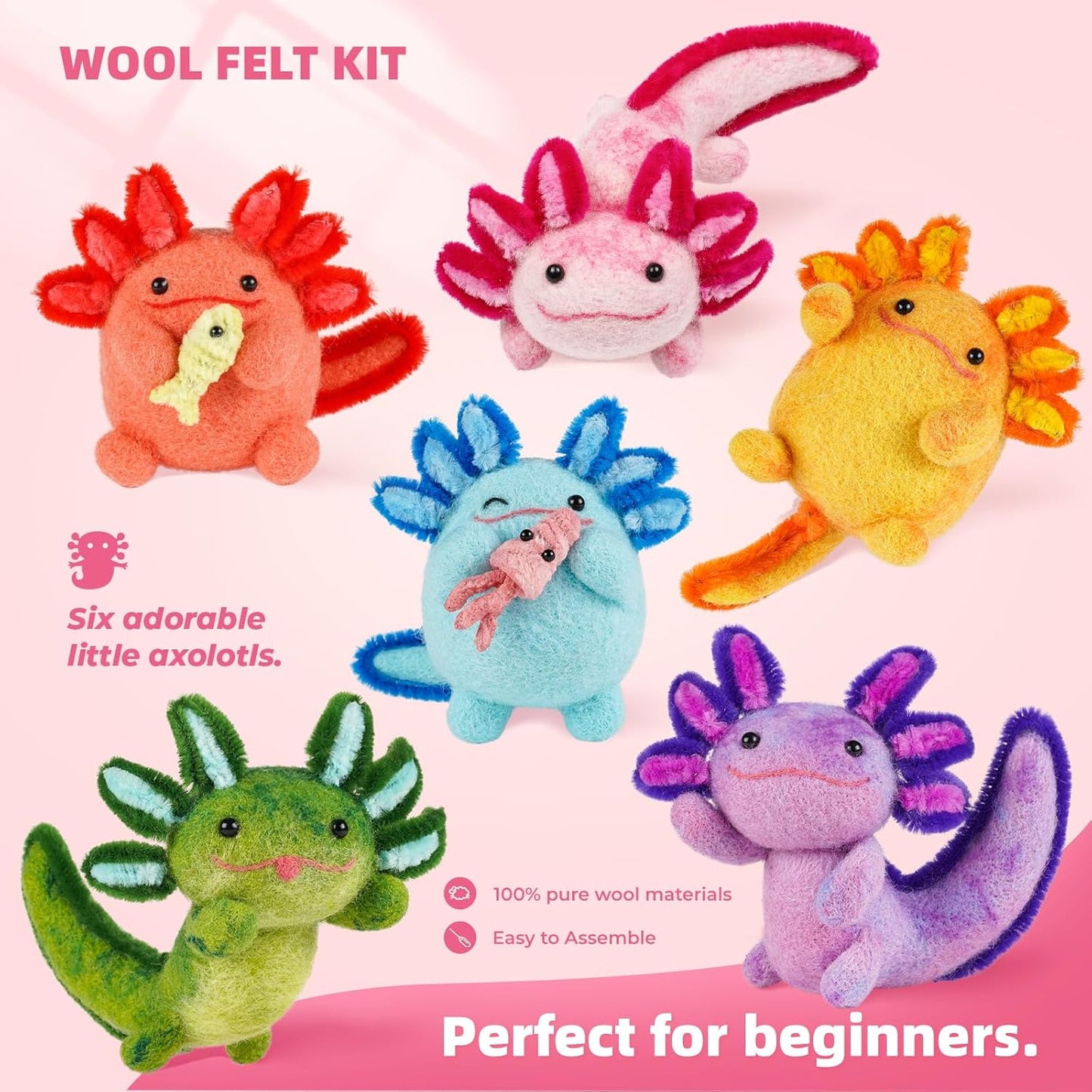 MOREJMTT Needle Felting Kit, 6 PCS Animal Needle Felting Beginner Kits, Wool Felt Needle Felting Tools Foam Pad, Craft Party Supplies for Beginners Adult(6pack Axolotl)