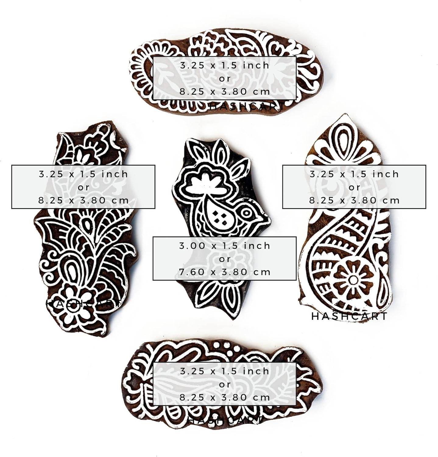 Wooden Stamps for Block Printing on Saree Border, Textile, Clay, Pottery, Tattoo Set of 5 - Handcrafted Block Printing Stamps for Kids' Art Projects HASHCART®