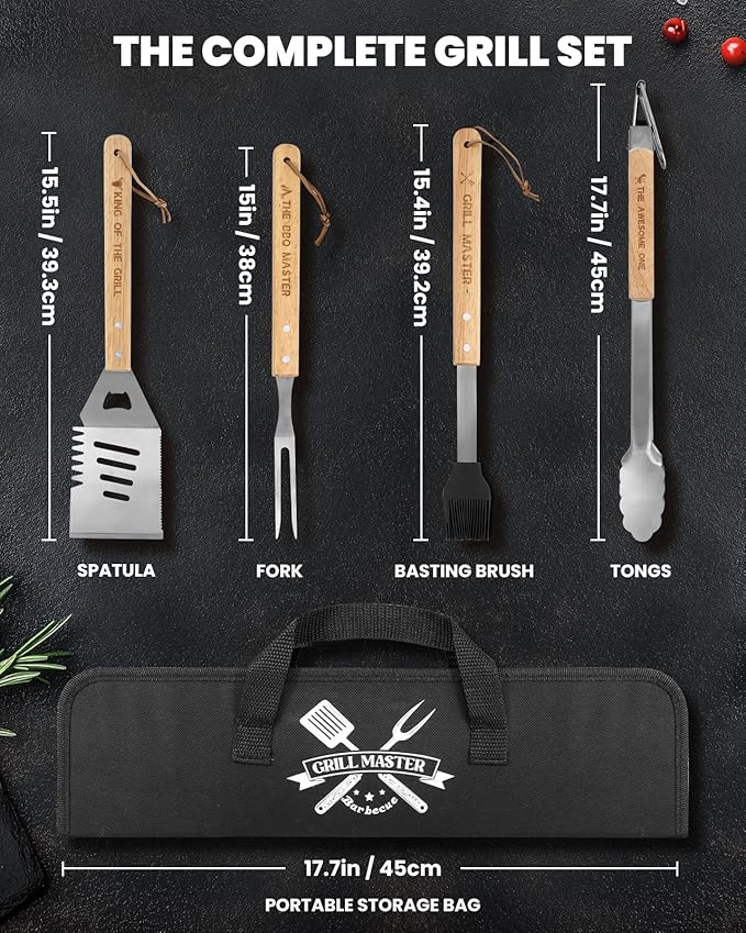 Coralogo 4PCS Grilling Accessories BBQ Tools - Stainless Steel Grill Set with Tongs, Fork, Spatula, Brush, Carrying Bag, Christmas & Birthday Gift for Men, Father, Husband