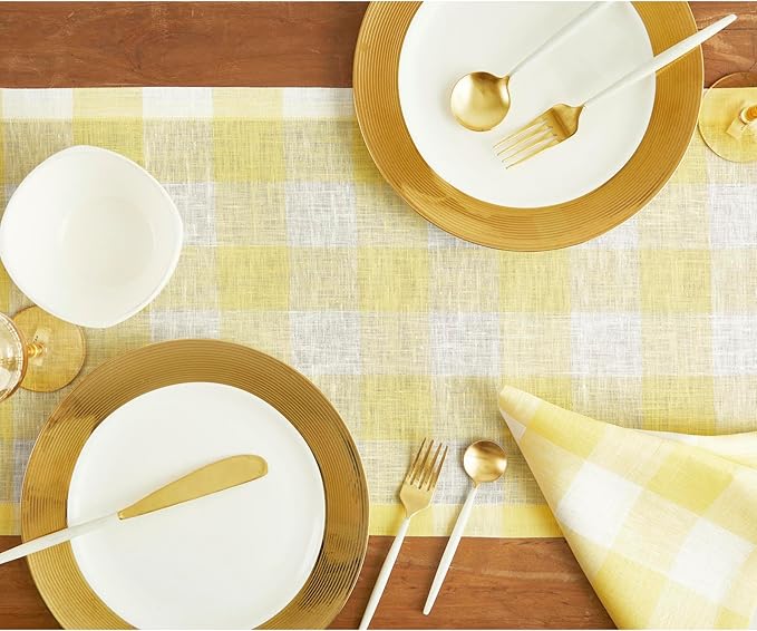 Solino Home Linen Checkered Table Runner 48 Inches - 100% Pure Linen Yellow and White Buffalo Check Short Table Runner 14 x 48 Inch Ideal for Dresser and Coffee Tables, Spring, Easter