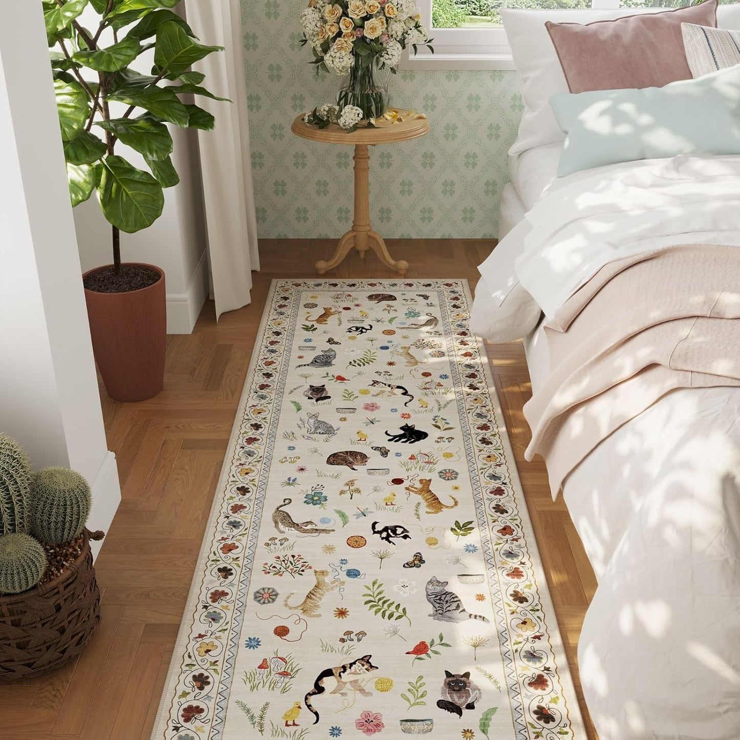 Rugcomf Runners for Kitchen Runner Rug Non Slip 2'x10' Long Washable Rugs with Rubber Backing Soft Floral Animal Cat Carpet Runner for Kitchen Laundry Bedroom Bathroom, Beige