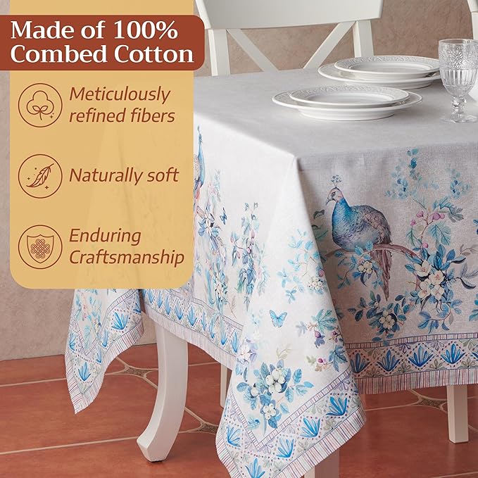 Maison d' Hermine Premium Table Cloth Rectangle Table 100% Combed Cotton 90 x 70 Inches Tablecloth Reusable Decorative for Dining Room, Farmhouse, Party, Festive & Wedding - Peacock Utopia - Orginal