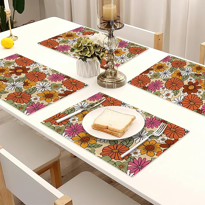 Retro 70s Groovy Flowers Placemats for Dining Table Set of 6,Hippie Daisy Place Mats for Home Party Kitchen Indoor Holiday Rustic Washable Heat Resistant Table Mats 12 x 18 Inch