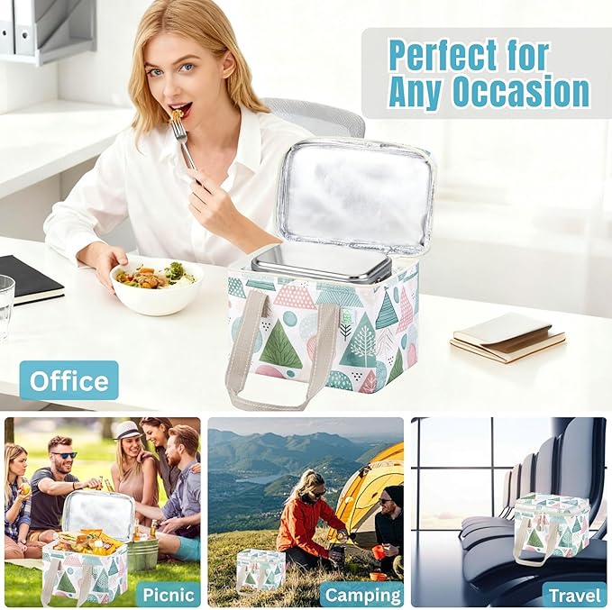 VENO 2 Pack Christmas Insulated Lunch Bag, Heavy Duty Insulated Grocery Bags, Small Cooler with Water-Resistant PP Exterior for Work, Picnic, Travel, Easy-Clean (Pastel Forest, 2 Pack)