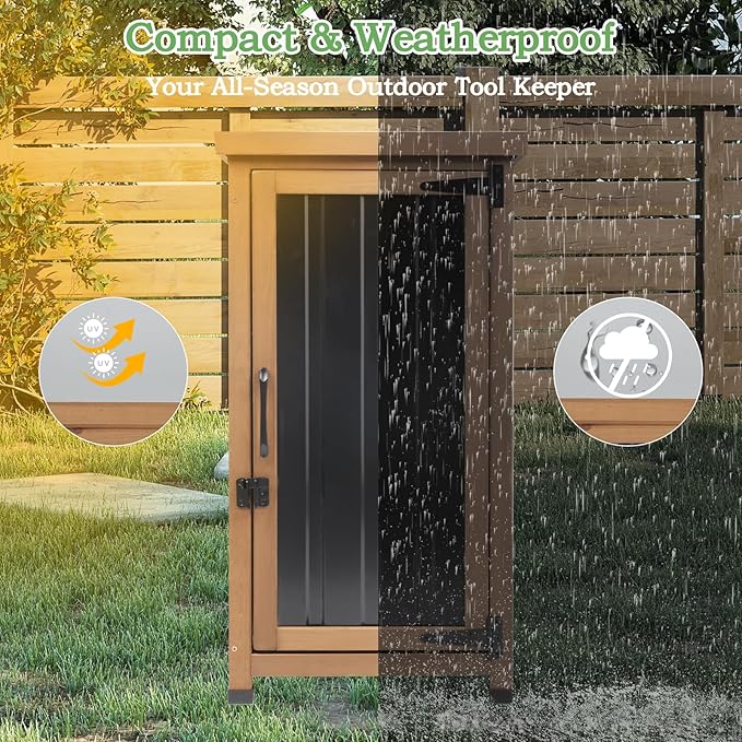 Small Outdoor Storage Cabinet Waterproof with Metal Top, Wood & Metal Outside Potting Bench Table Tool Organizer with Adjustable Shelf for Patio Backyard Garden