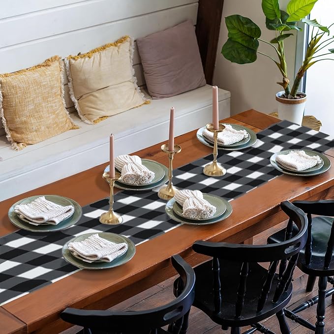 Fabric Checkered Table Runner 1 Pack Waterproof Gingham Table Runner 14W x 108L Buffalo Check Table Runners for Parties Kitchen Dining Wedding Banquet (Black and White)