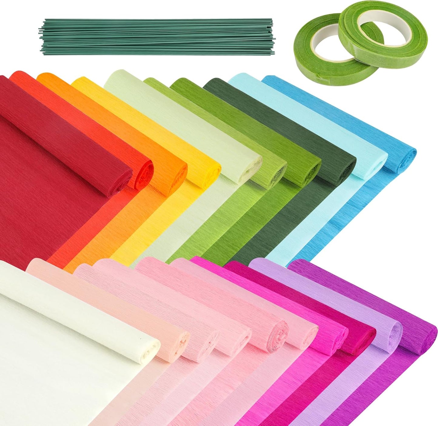 72Pcs Crepe Paper Flower DIY Kits, 20 Colors Crepe Paper Rolls 8.2ft Long 9.84 Inch Wide, 50 Pcs Green Floral Iron Wire and 2 Roll Green Tape for Birthday Parties Weddings Festival Decoration