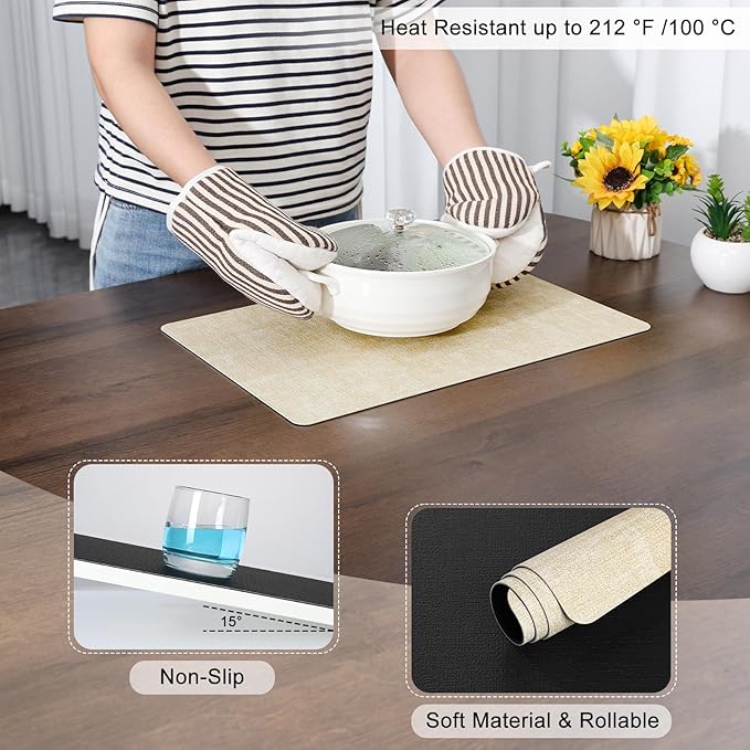 Myir JUN Dual Sided Faux Leather Placemats Set of 6 Indoor/Outdoor Square Non-Slip Washable Table Mats (Cream-White Black, Set of 6)