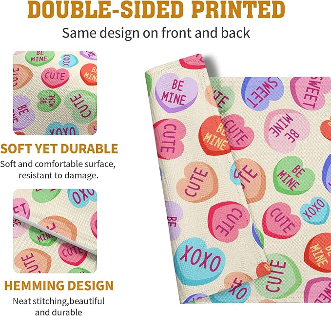 Valentine Pink Love Heart Candy Placemats Set of 4 Valentines Seasonal Table Mats Resistant Washable Dinner Mats for Outdoor Home Party Kitchen Dining 12x18 Inch