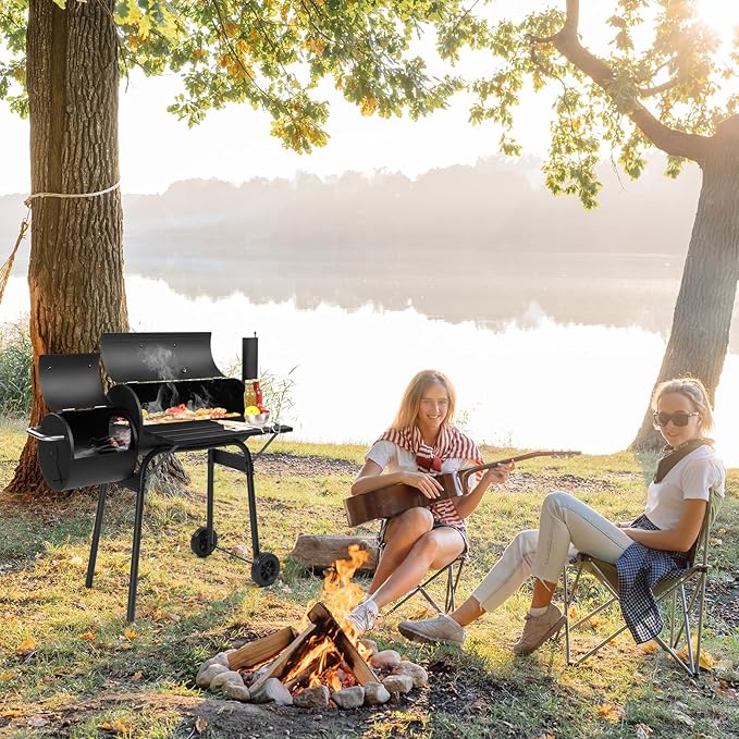 VINGLI Barrel Charcoal Grill with Offset Smoker, Large BBQ Outdoor Smoker Grill with Wheels for Party Garden Patio and Backyard Cooking 44 x 22 x 37 inch