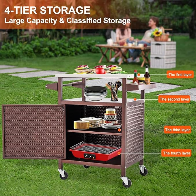 Outdoor Pizza Oven Table,Outdoor Table with Waterproof Cover, Movable Pizza Oven Stand Tables (Brown)