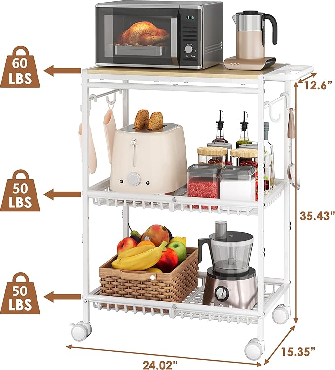 Microwave Kitchen Cart with 2 Lockable Wheels, White Kitchen Storage Cart with Push Handle, 3 Tier Rolling Cart with 160Lbs Capacity for Kitchen Island, Restaurant, Coffee Bar, Living Room, Office